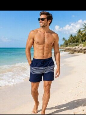 Onia Men's Navy & White Striped Swim Trunks - Classic Beach Short